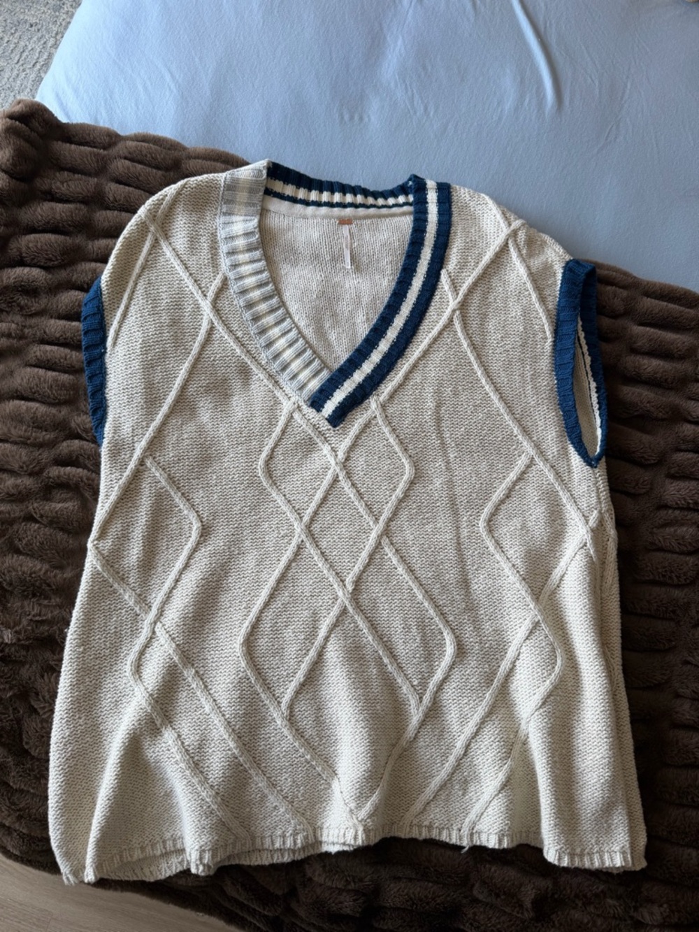 Free People Cream Knit Cable V-Neck Sweater Vest with Navy Trim